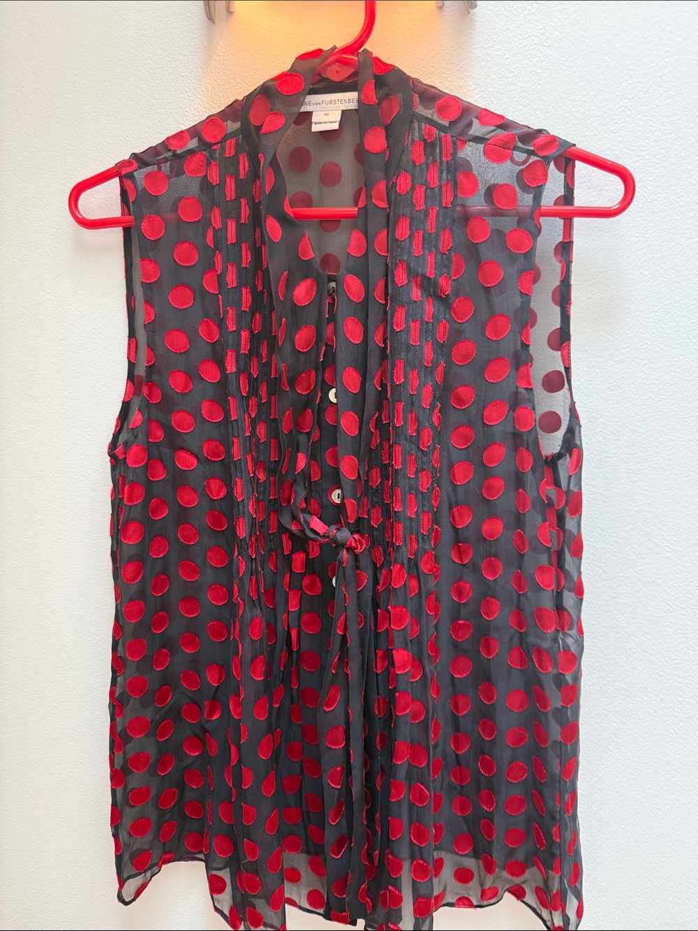 White House Black Market Black Sheer Sleeveless Blouse with Red Polka Dots